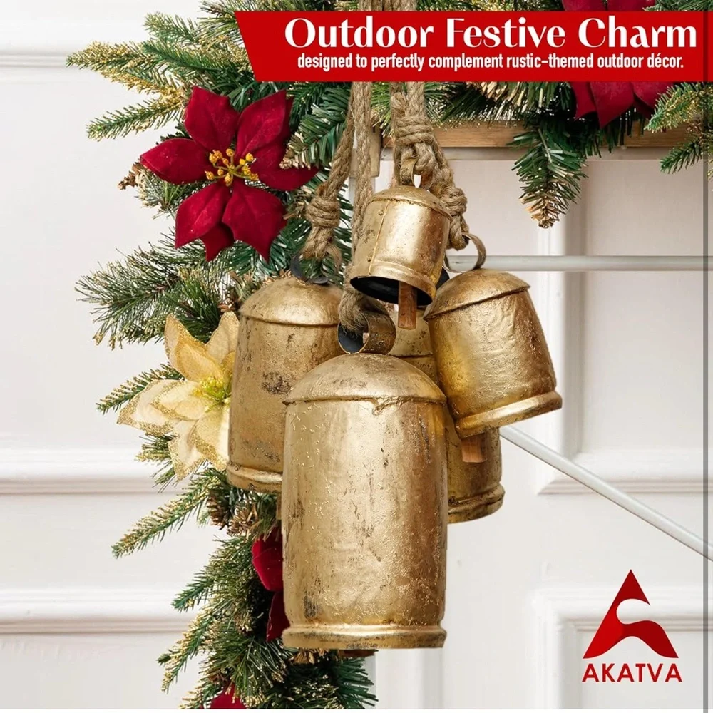 Akatva Large Brass Cow Bells 
Rustic Christmas Decor 5 pc Set
Vintage Gold Bells - Picture 5 of 12
